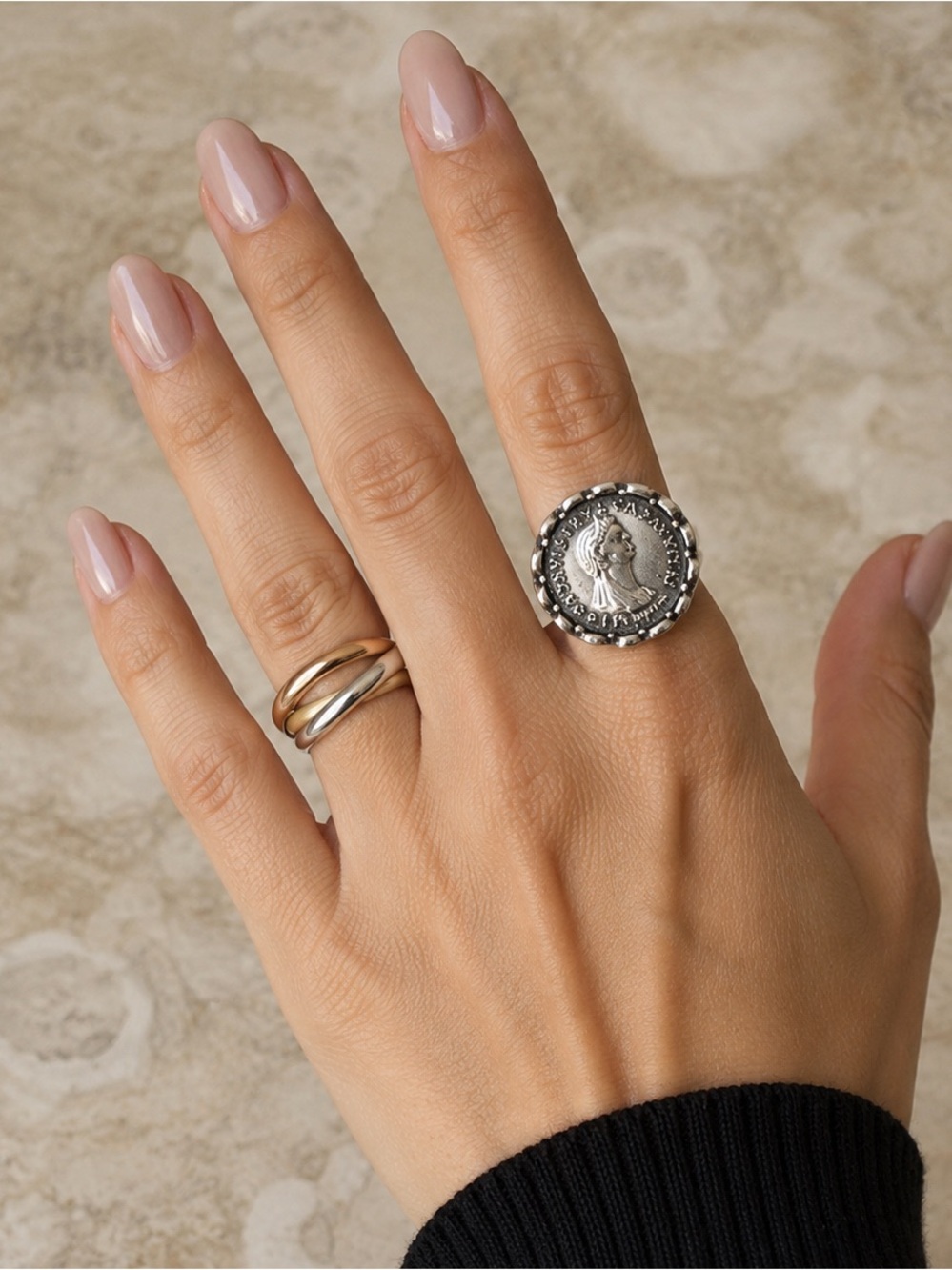 925 Sterling Silver Roman Coin Signet Ring Antiqued Bold Statement Unisex Ring
